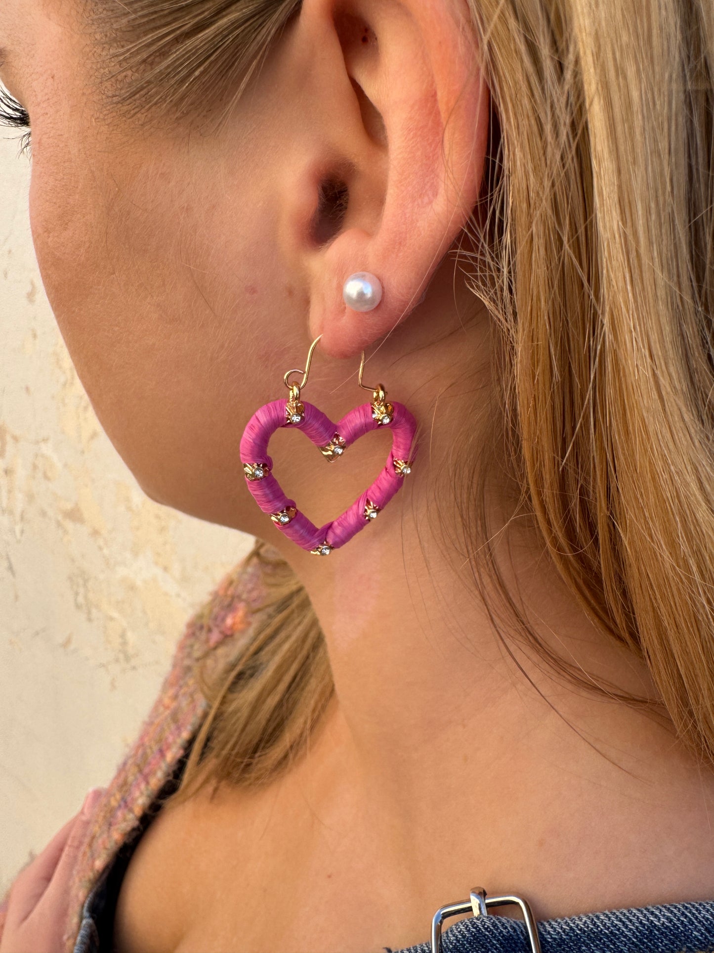 Woven Heart Earrings-Hot Pink