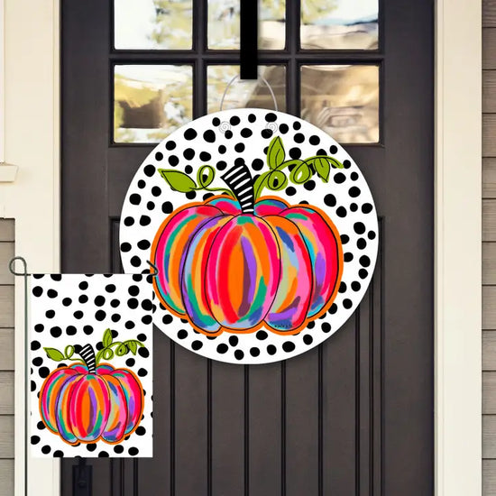 Colorful Pumpkin w B&W Background Door Hanger