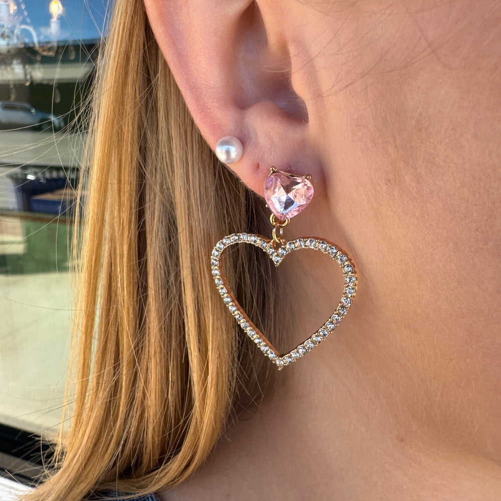 Gem Heart Earrings-Light Pink