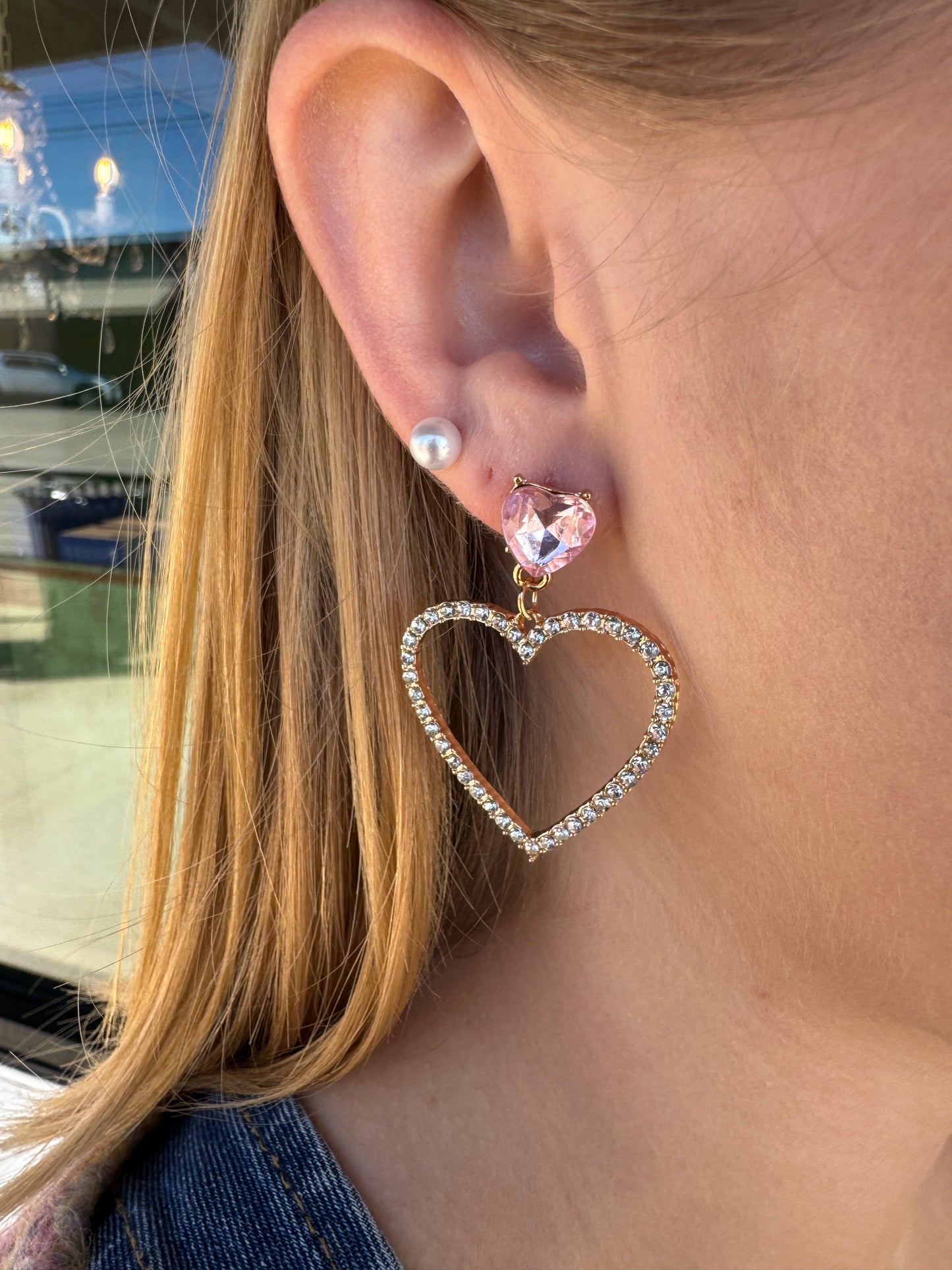 Gem Heart Earrings-Light Pink