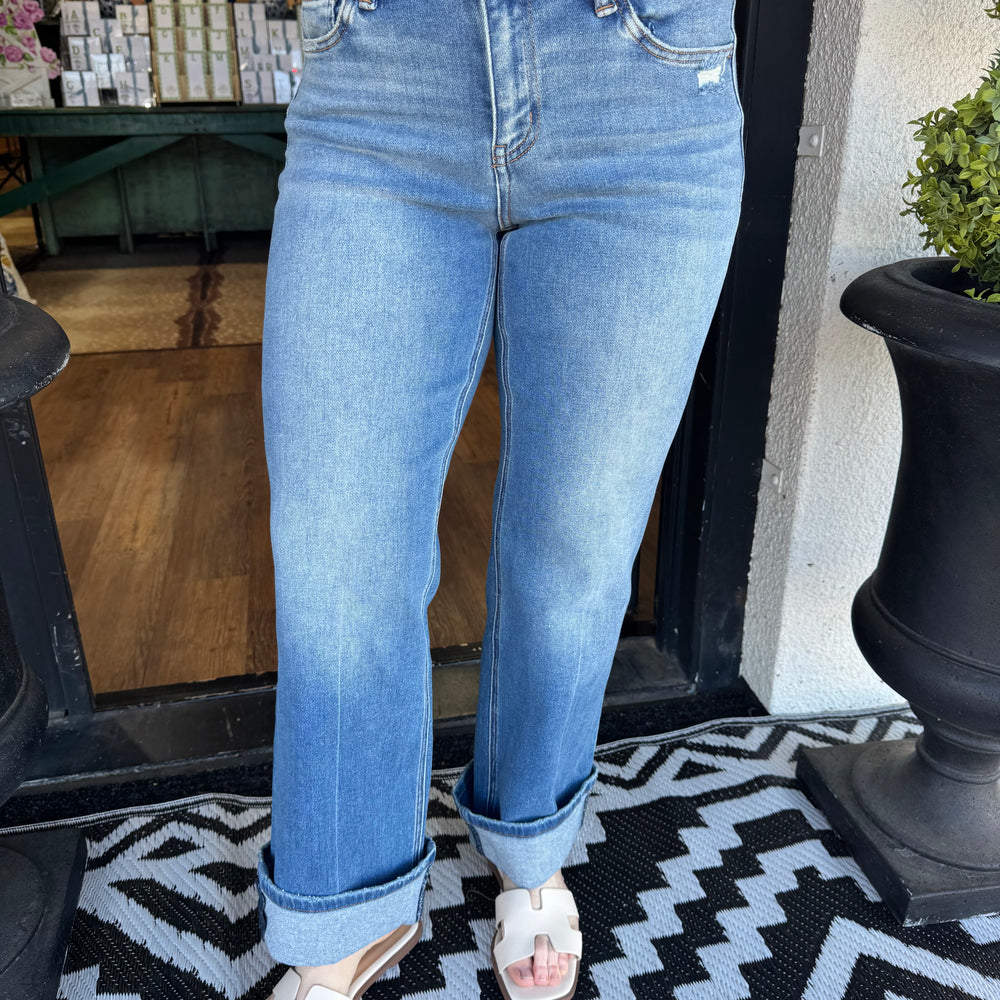 Mid Rise Ankle Cuffed Slim Wide Jean - Delicate Gleam
