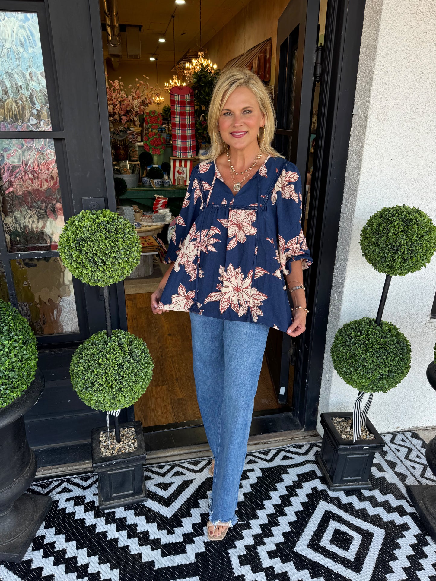 Ellie Floral Top- Navy
