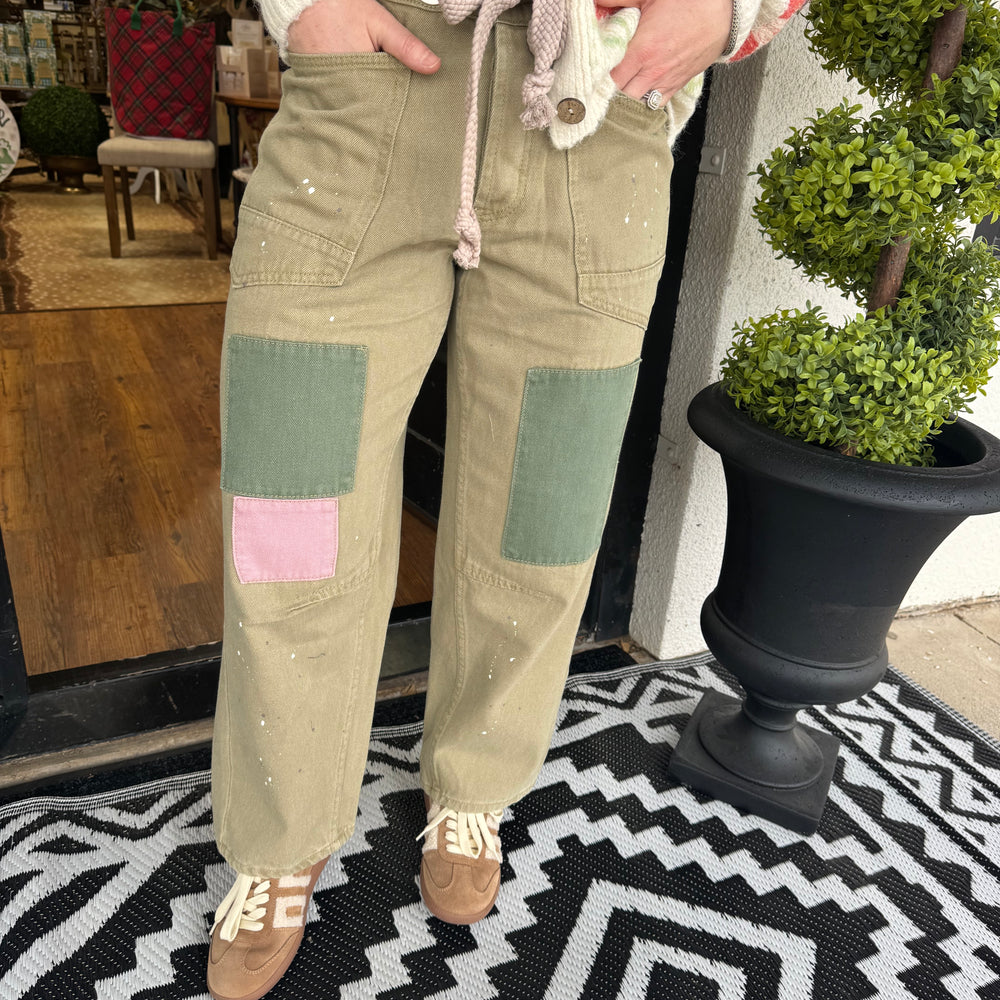 Everly Splatter Barrel Pant-Olive