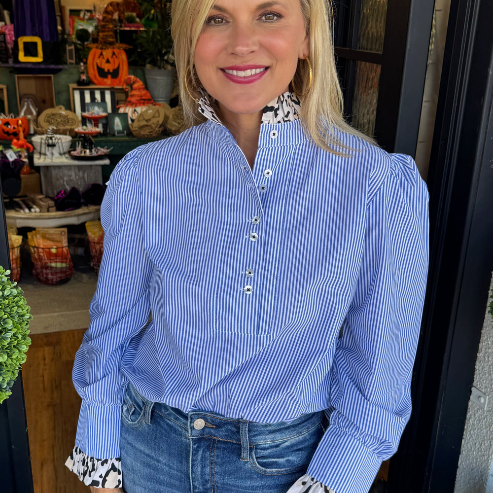 Tizzie Blue Striped Puff Sleeve Top