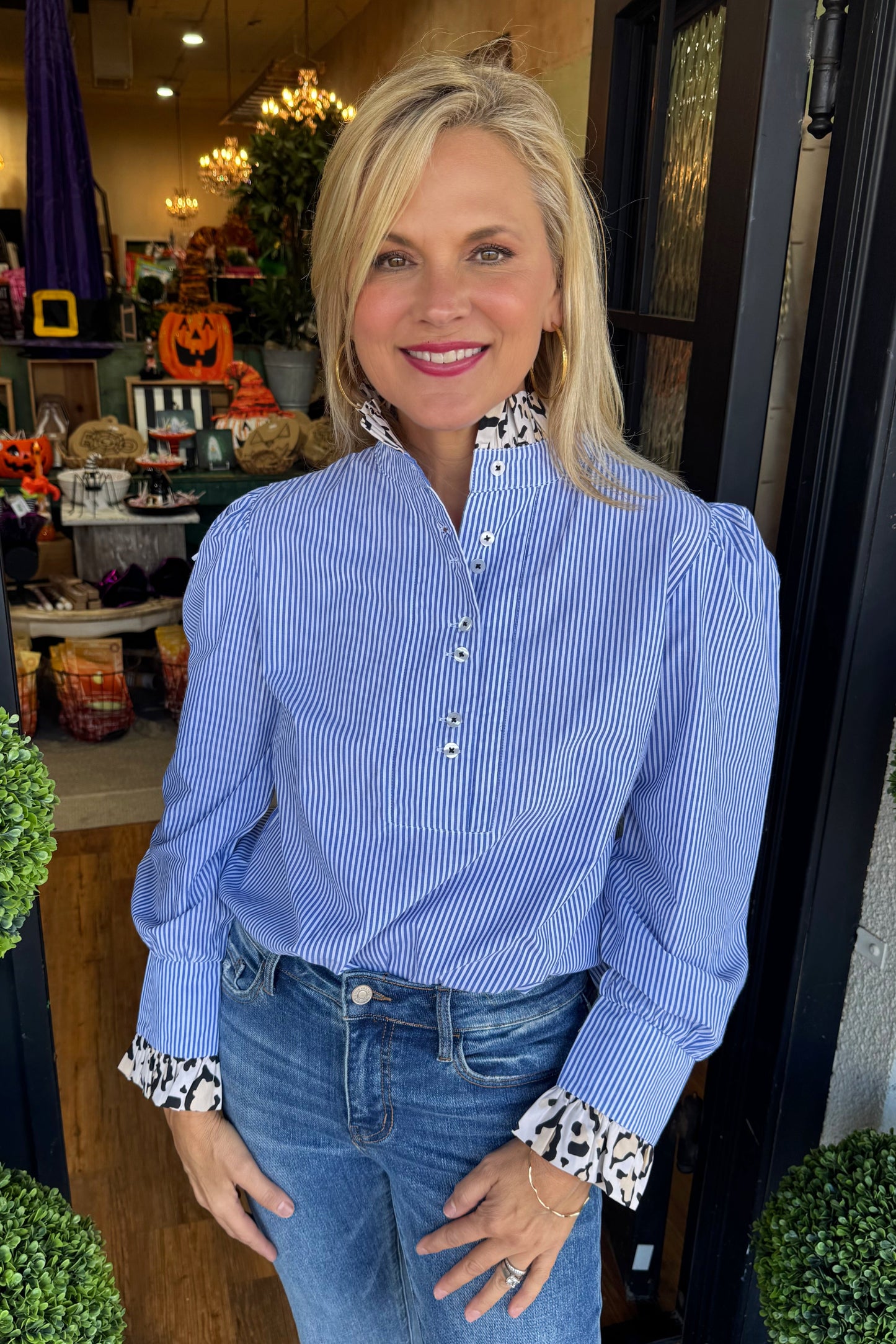 Tizzie Blue Striped Puff Sleeve Top