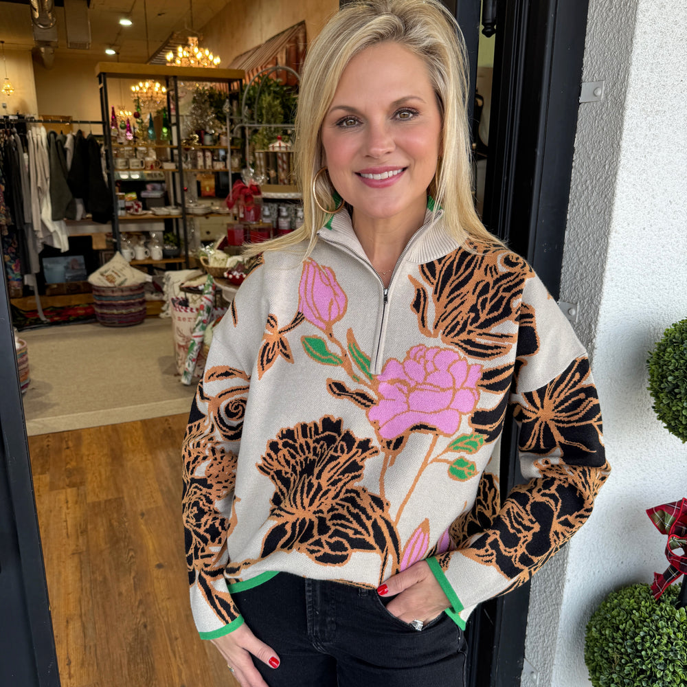 Wild Flower Quarter Zip Sweater