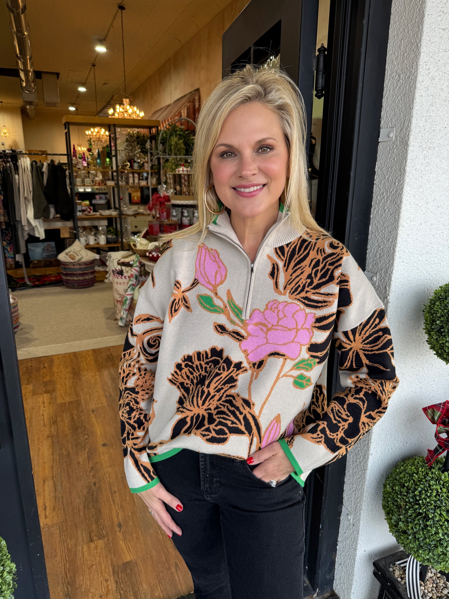 Wild Flower Quarter Zip Sweater