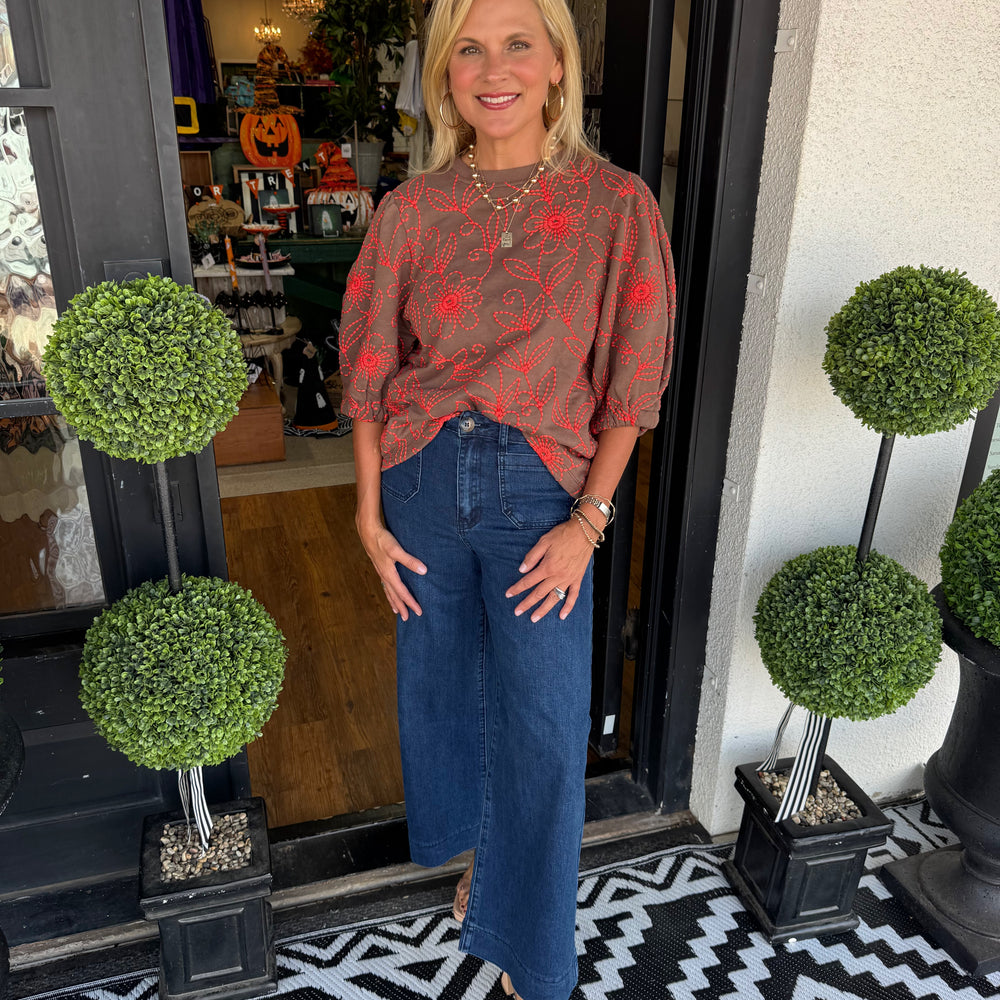 Ivy Jane Floral Vines Knit Top - Brown