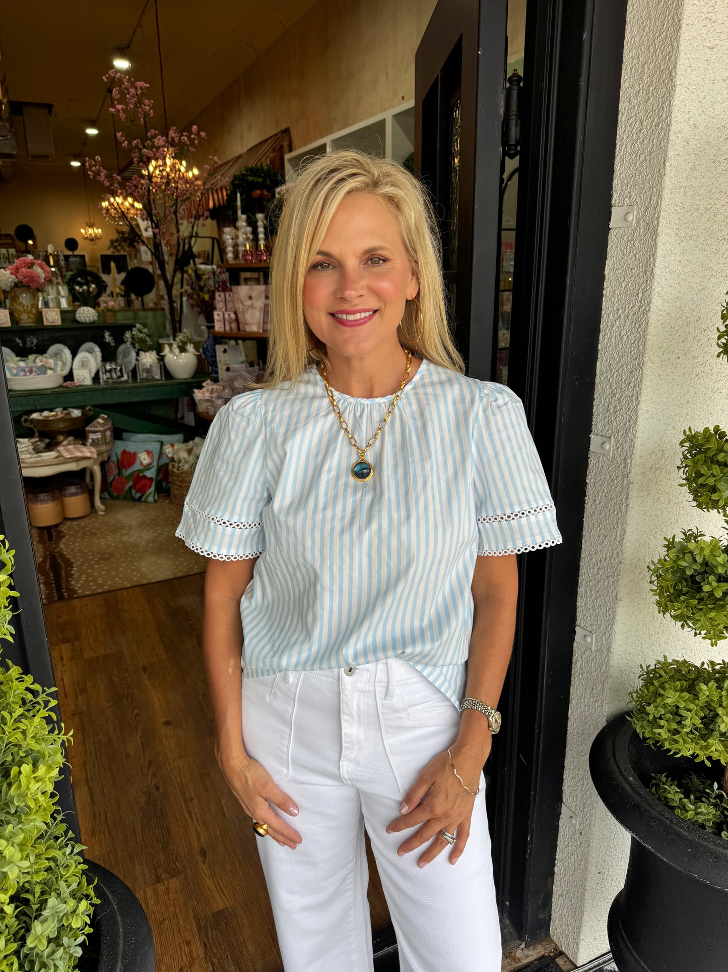 Mary Square Tabby Pin Stripe Top - Blue