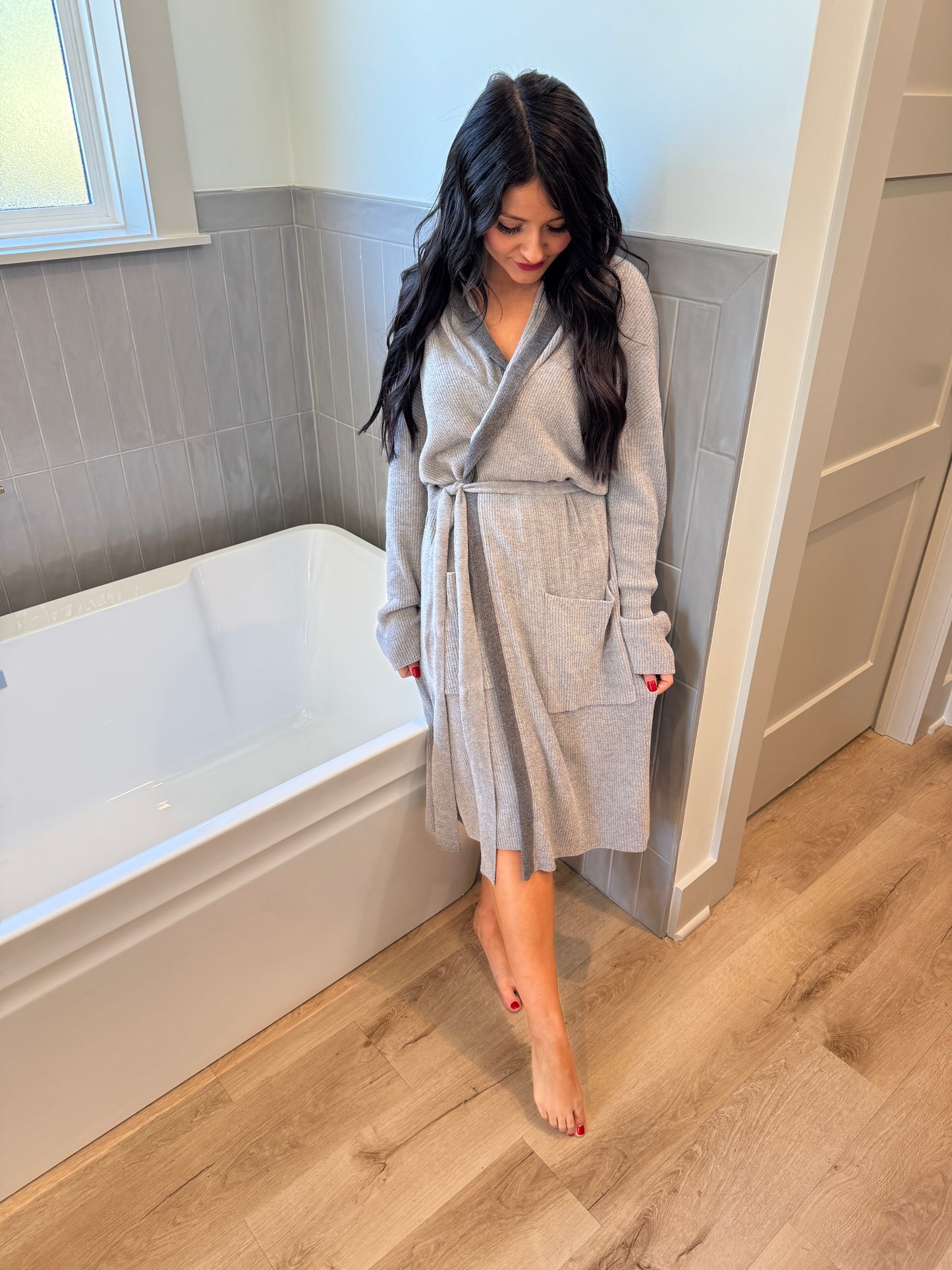 Barefoot Dreams Tipped Ribbed Short Robe- Dove Gray