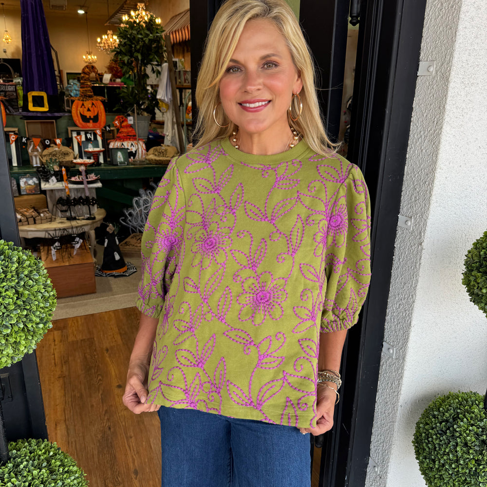 Ivy Jane Floral Vines Knit Top - Green