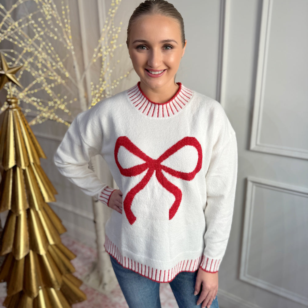 White Wilder Bow Sweater Top