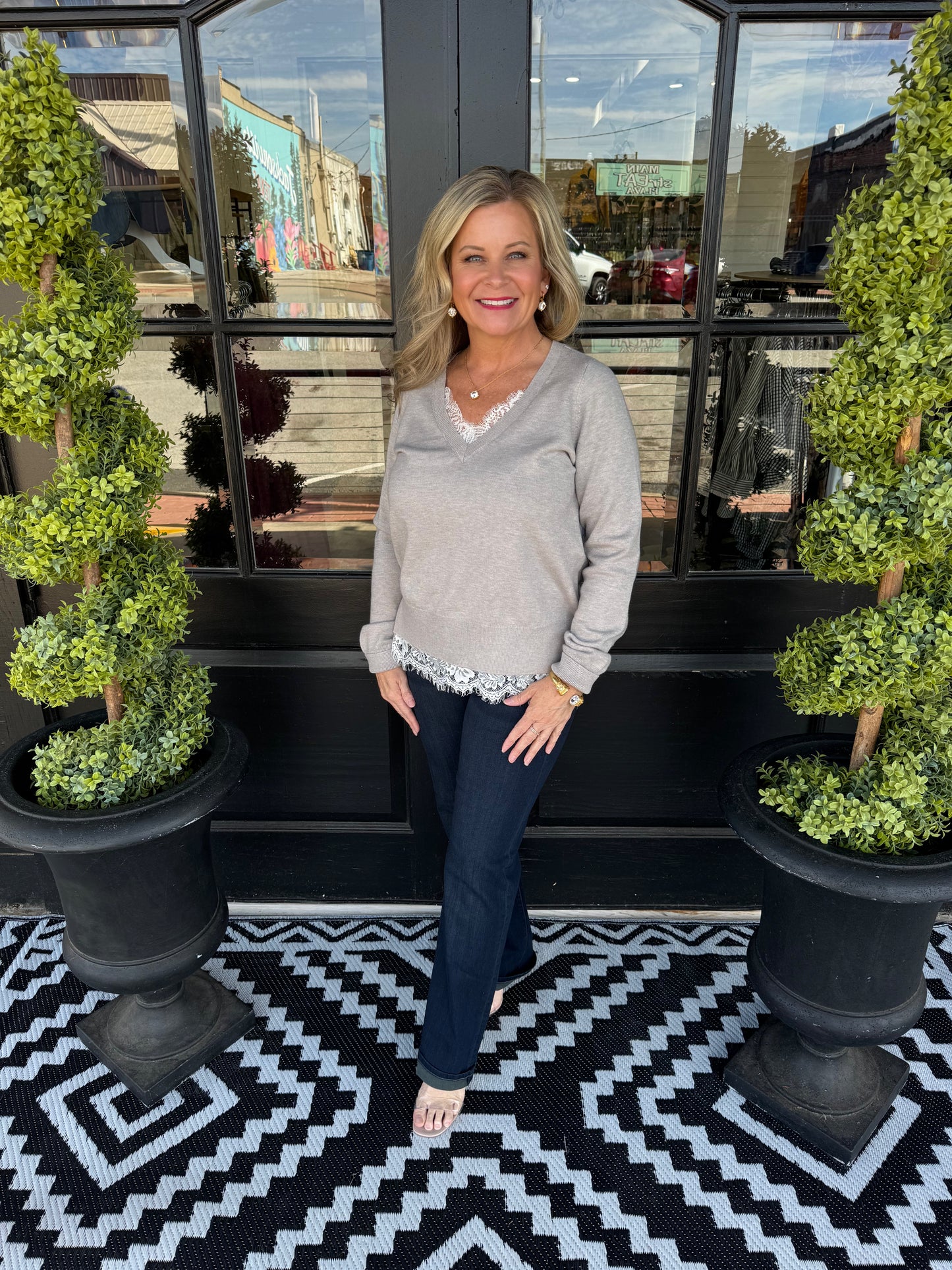 V-neck Long Sleeve Sweater W/ Lace - Soft Gray Heather