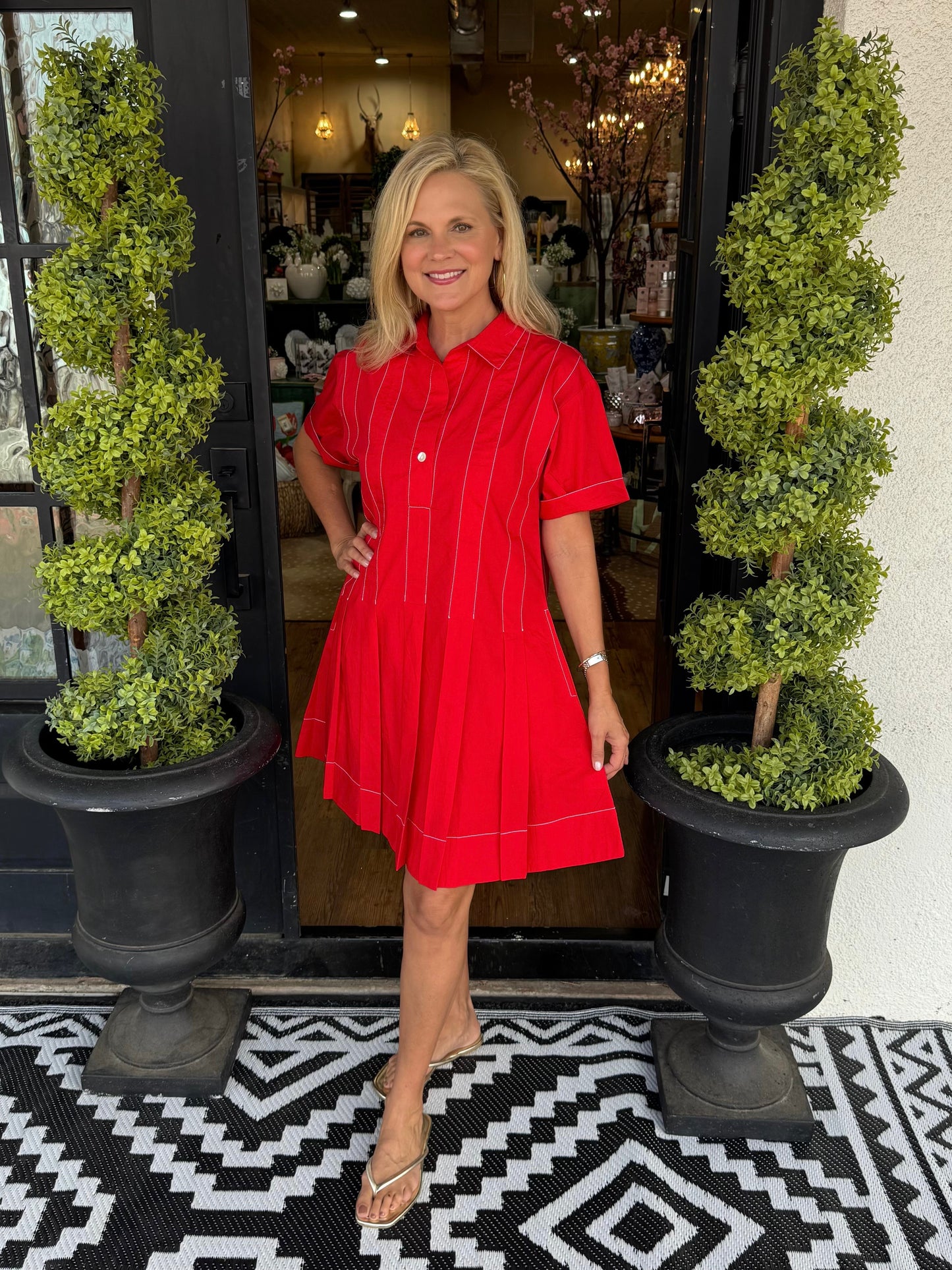 button down pleated shirt dress 1950s Coral Cotton Pleated Shirt Dress, sz. S