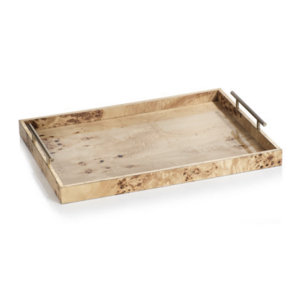 Zodax Leiden Burl Wood Rectangular Tray, Gold Handles