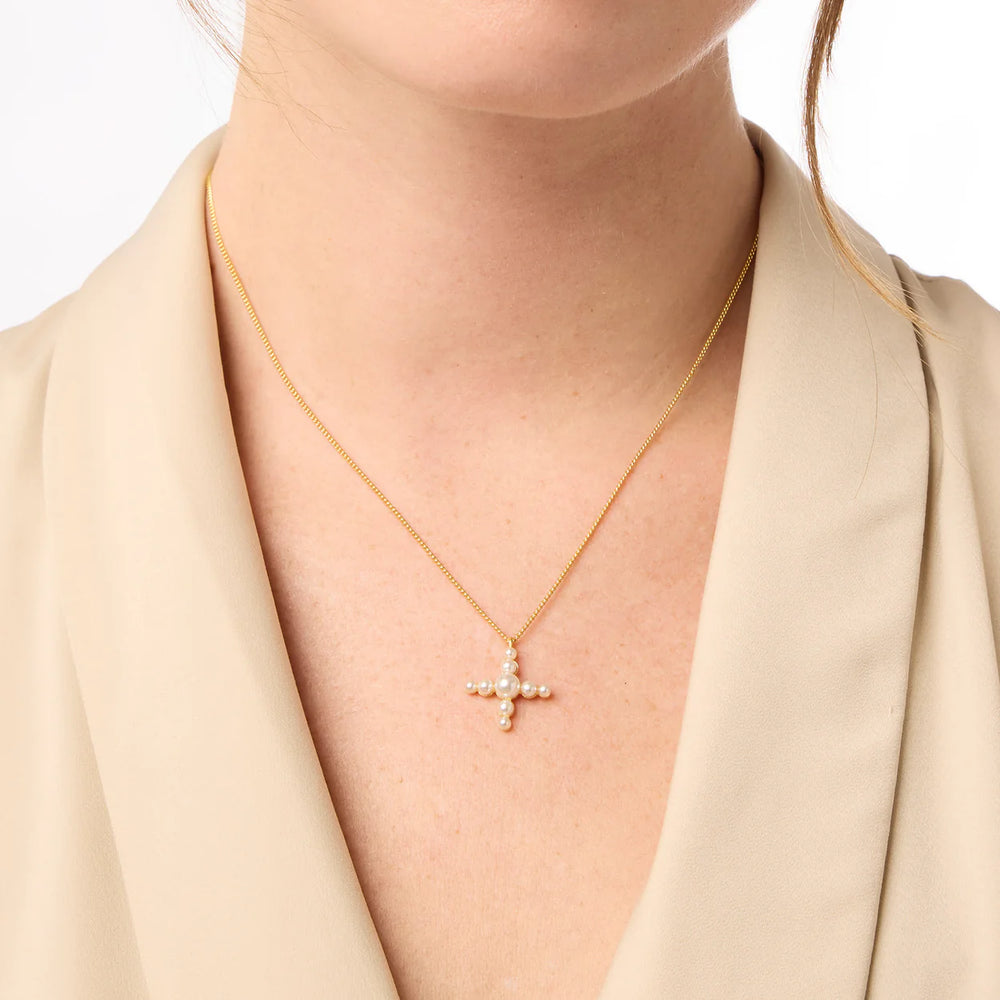 Gumdrop Cross Delicate Necklace - Gold - Pearl