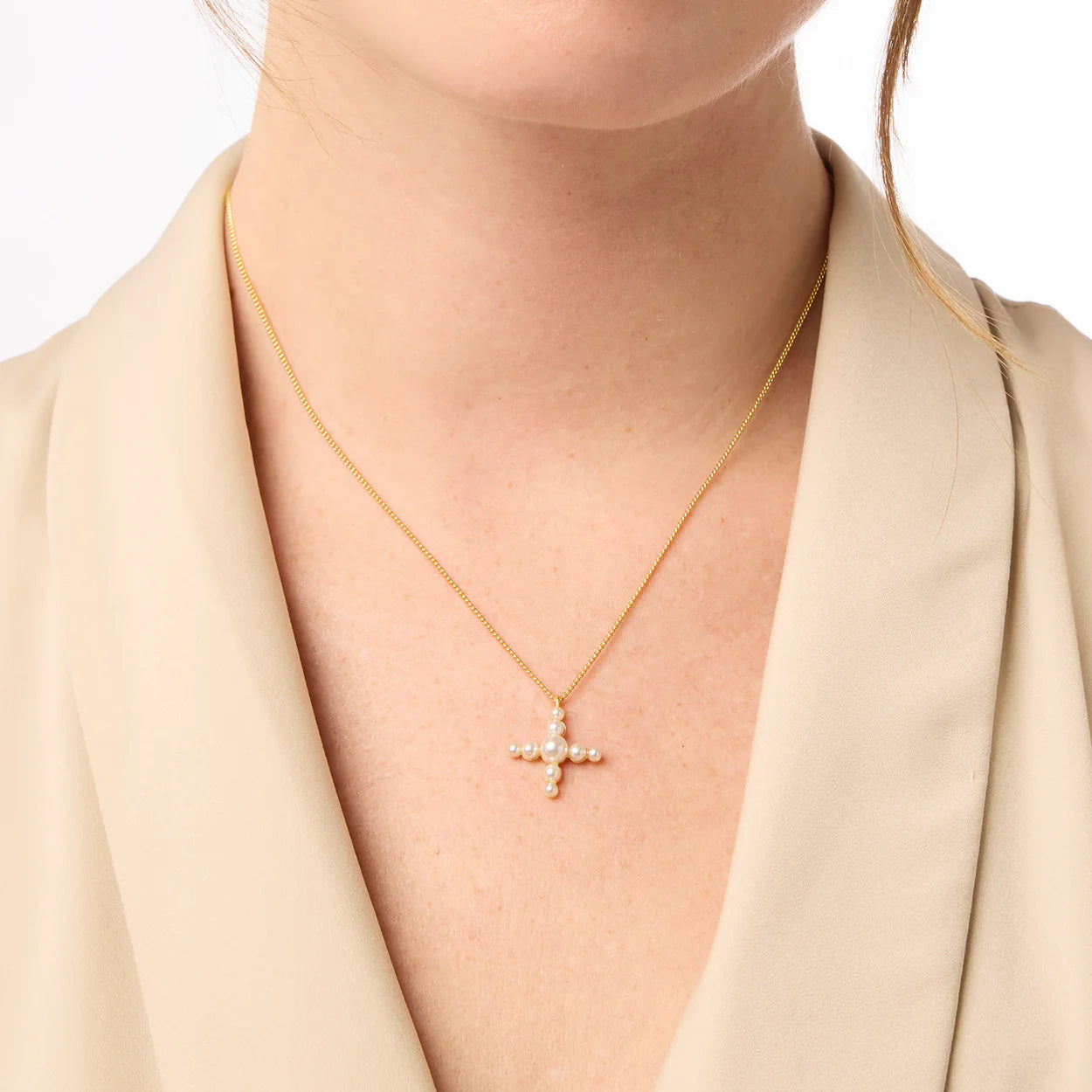 Gumdrop Cross Delicate Necklace - Gold - Pearl