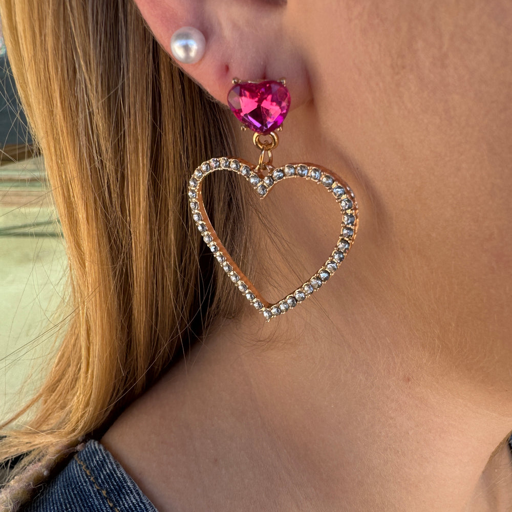 Gem Heart Earrings-Hot Pink