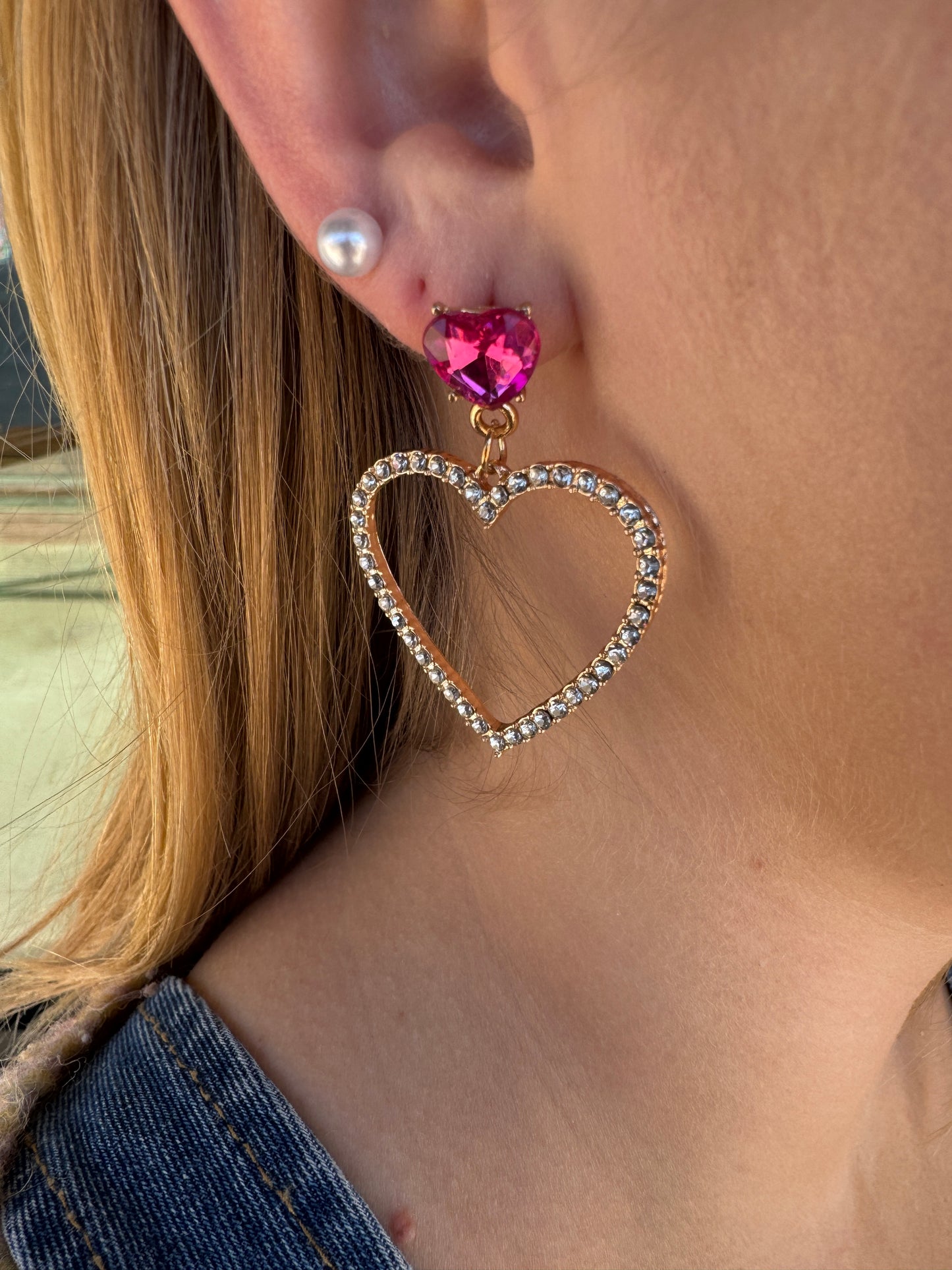 Gem Heart Earrings-Hot Pink