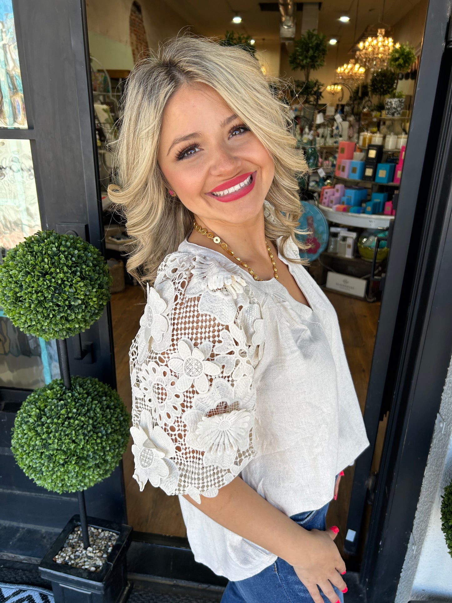 Camry Oatmeal Top With Floral Lace Sleeve