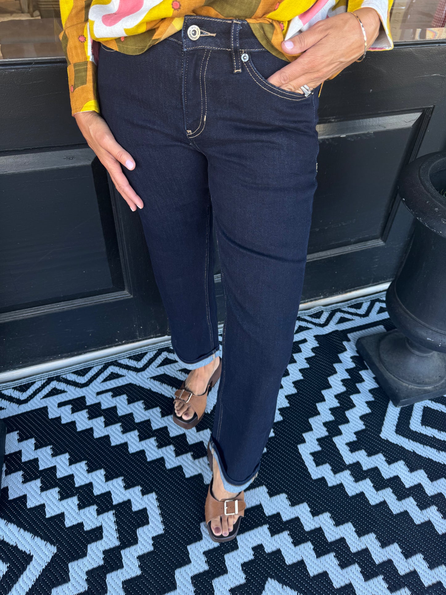 Mid Rise Ankle Straight Cuffed Leg Jean - Raw Blue