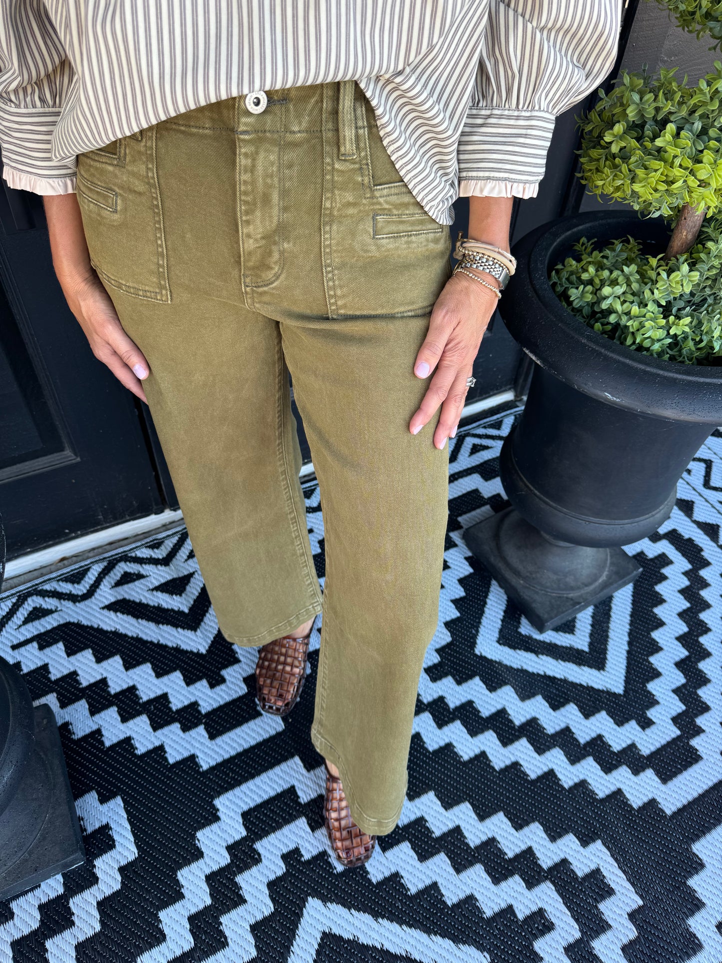 High-Rise Wide Crop Patch Pocket Jean - Olive