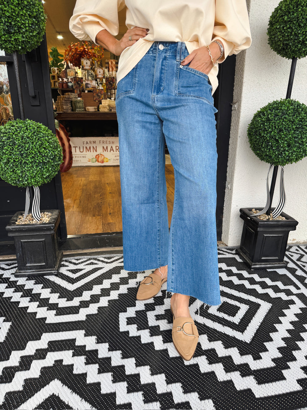 Cropped Denim Straight Leg Jeans