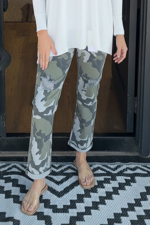 High Rise Straight Crop Jean - Camo