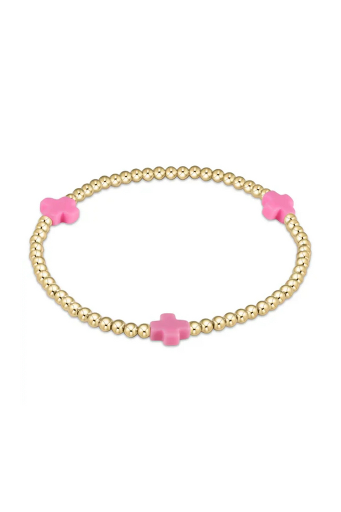 Signature Cross Gold Pattern 3mm Bead Bracelet - Bright Pink