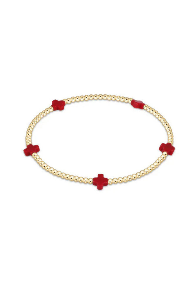 Signature Cross Small Gold Pattern 2mm Bead Bracelet - Red