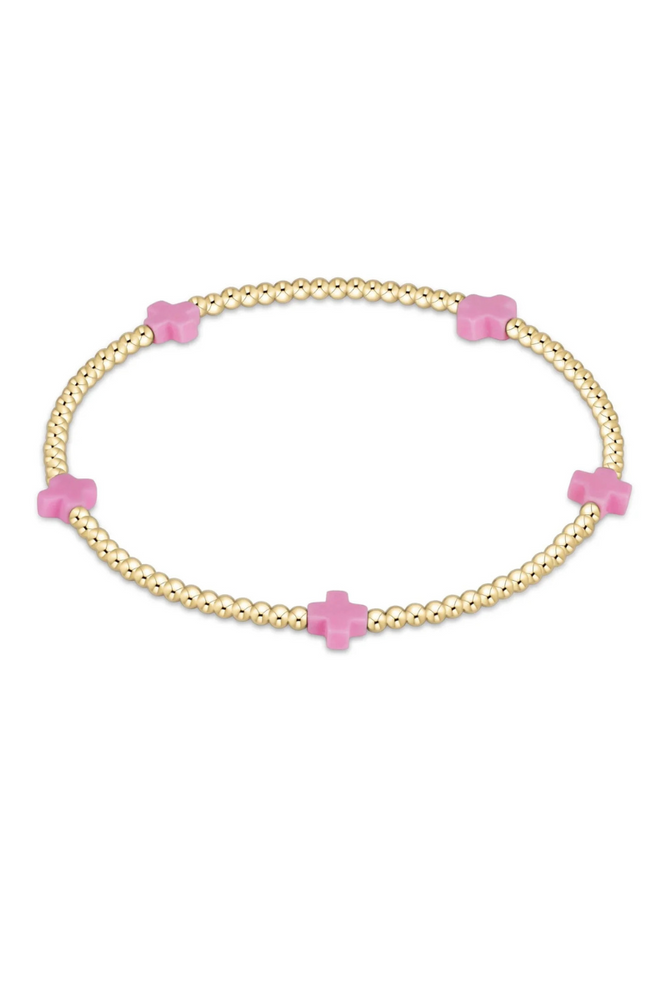 Signature Cross Small Gold Pattern 2mm Bead Bracelet - Bright Pink