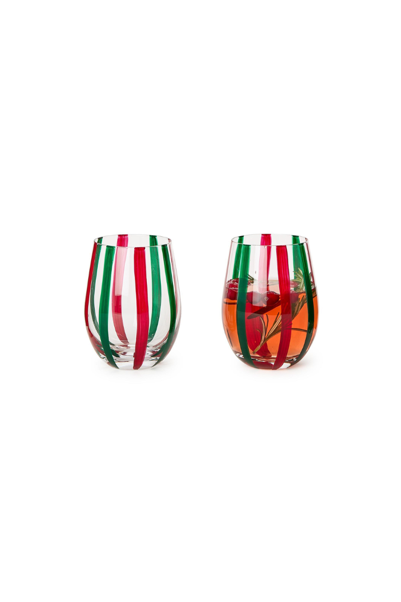 Holiday Cheer Stemless Wine Glass - Red/Green Stripes