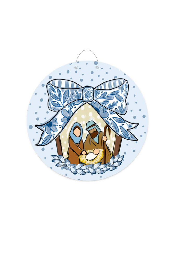 Blue Ribbon Bow Nativity Door Hanger