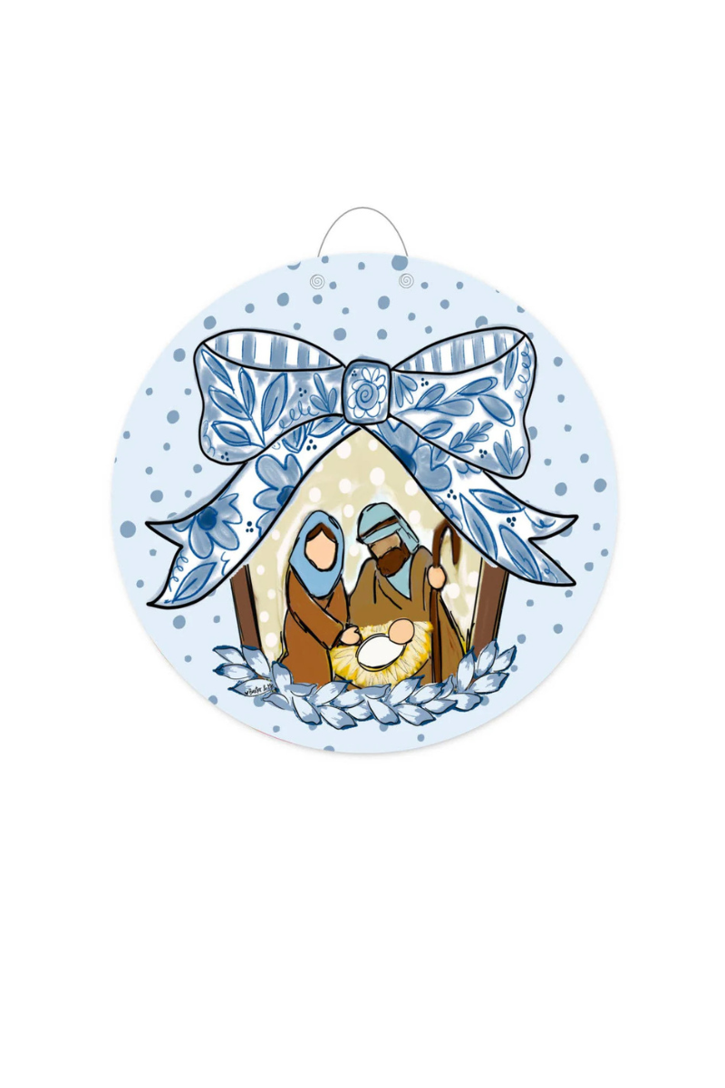 Blue Ribbon Bow Nativity Door Hanger