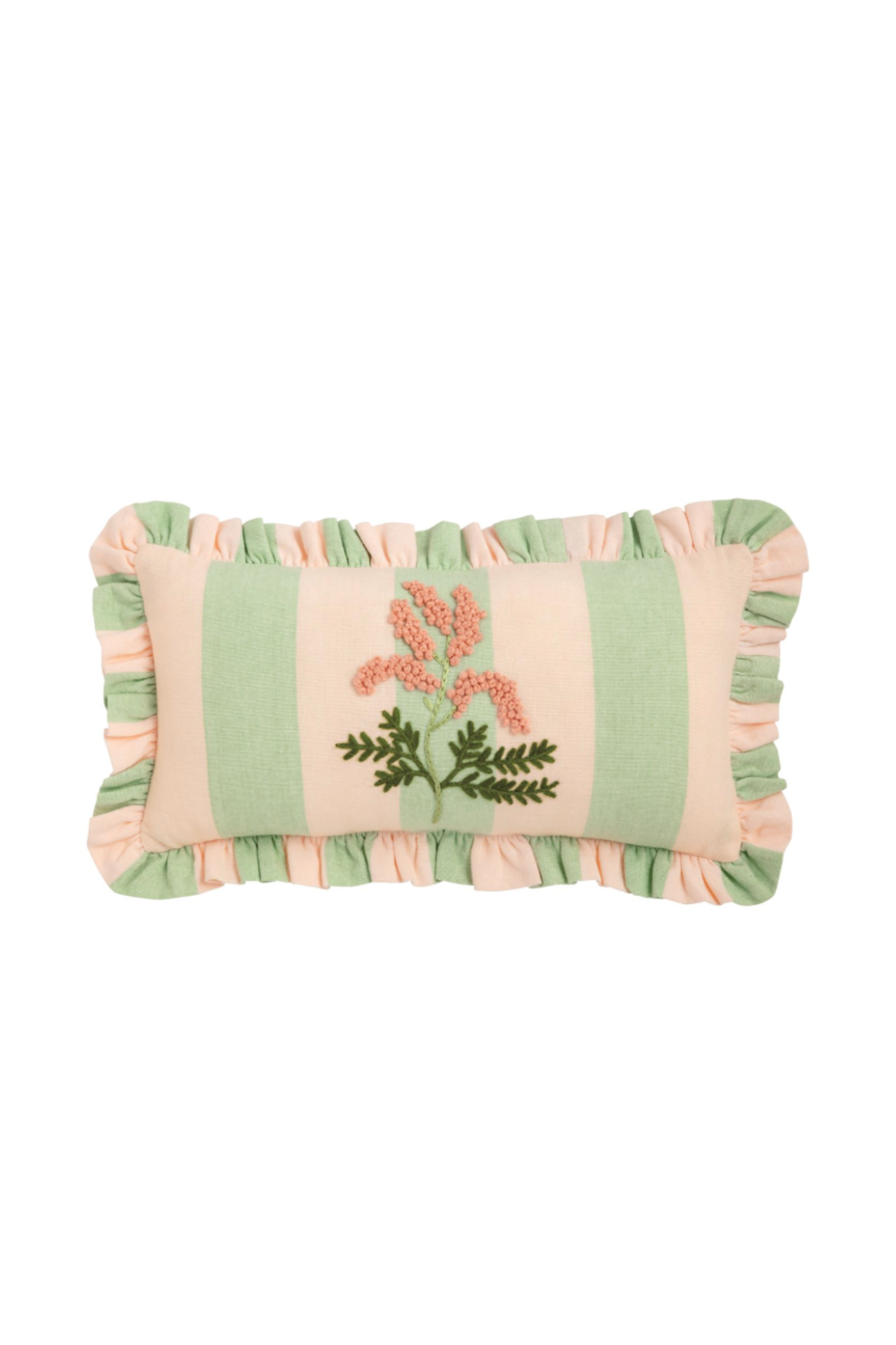 Green Striped Floral Embroidered Pillow