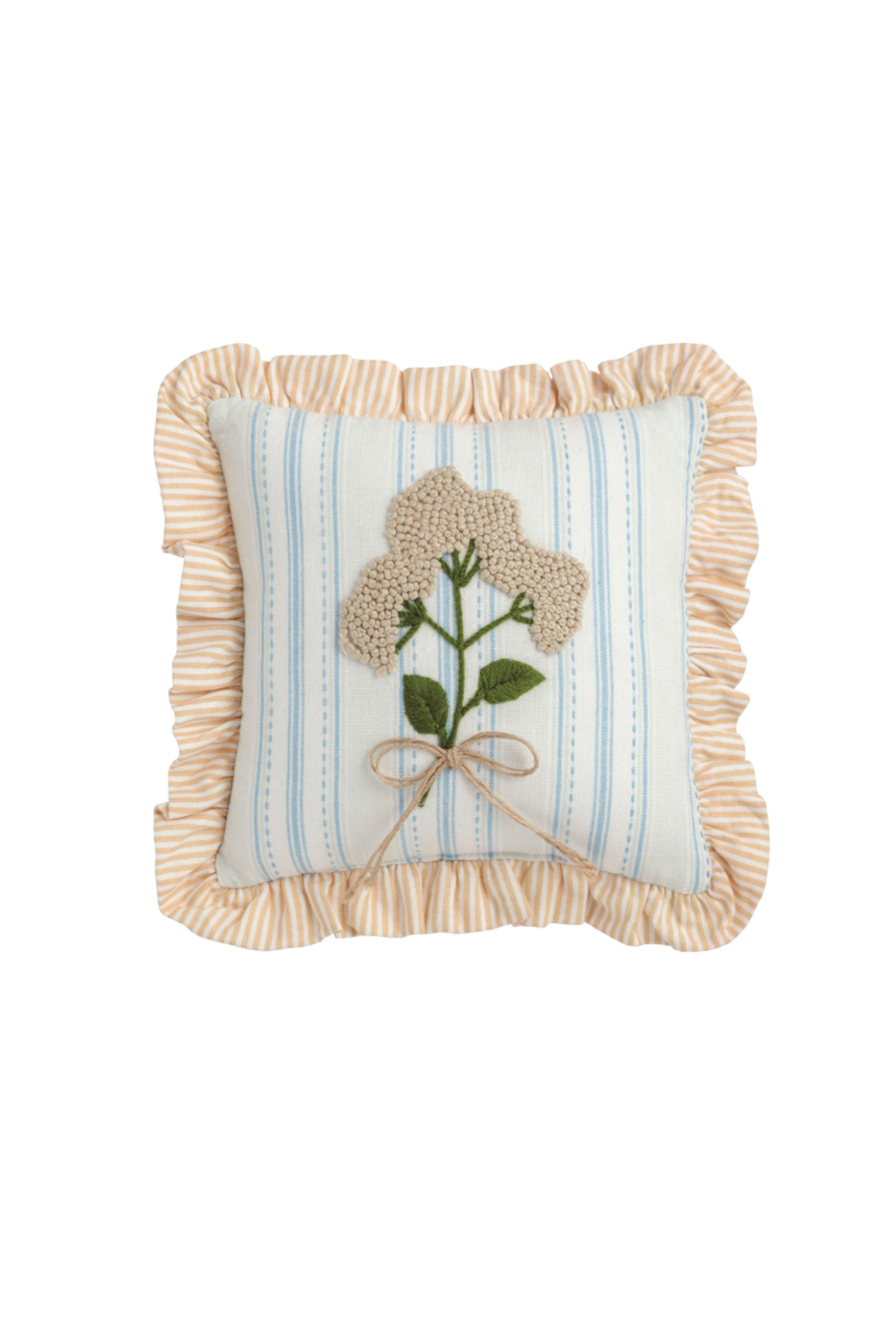 Blue Stripe Ruffle Floral Embroidered Pillow