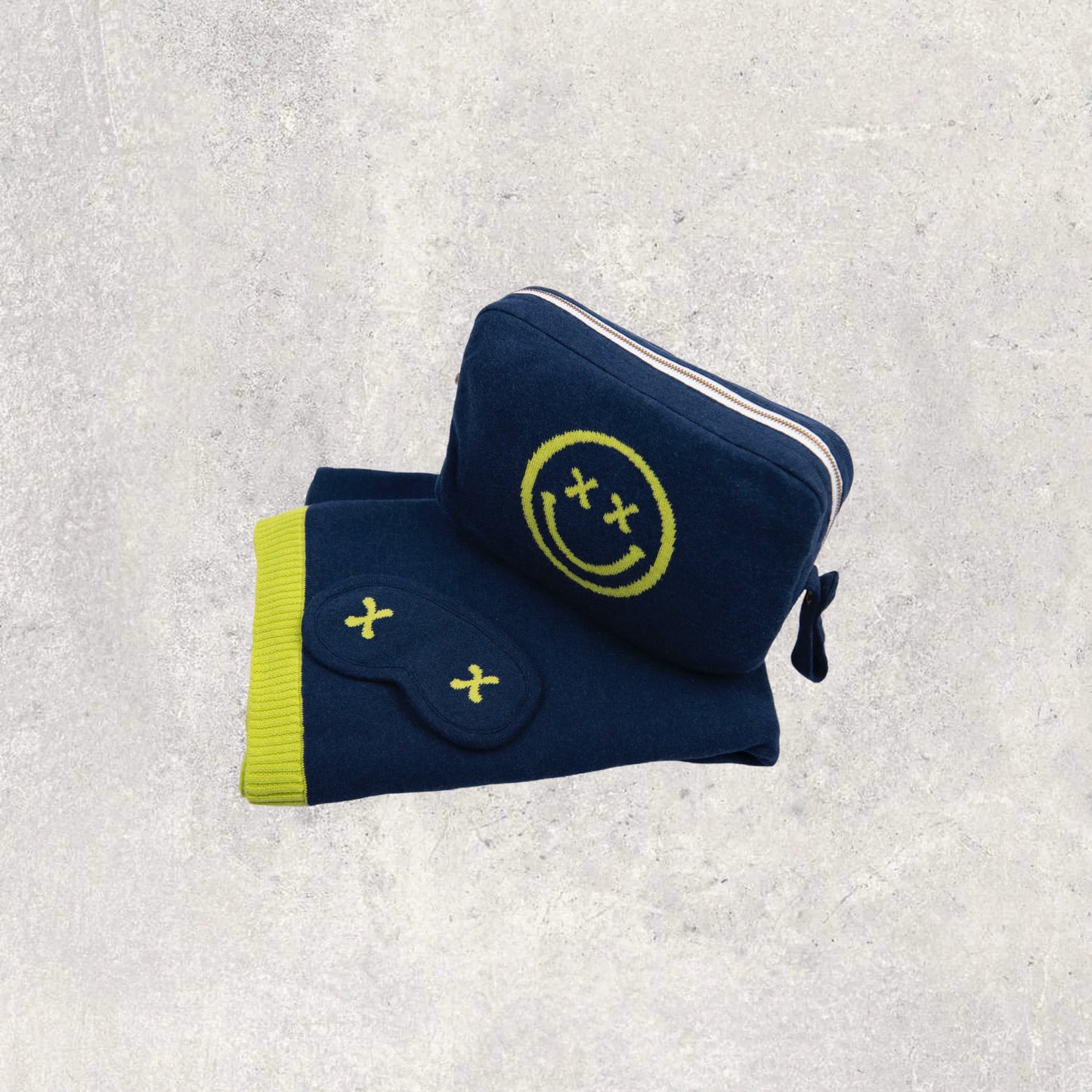 Smiley Cross-eyed Navy & Neon Yellow Travel Set