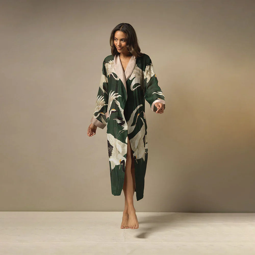 Heron Print Forest Green Robe