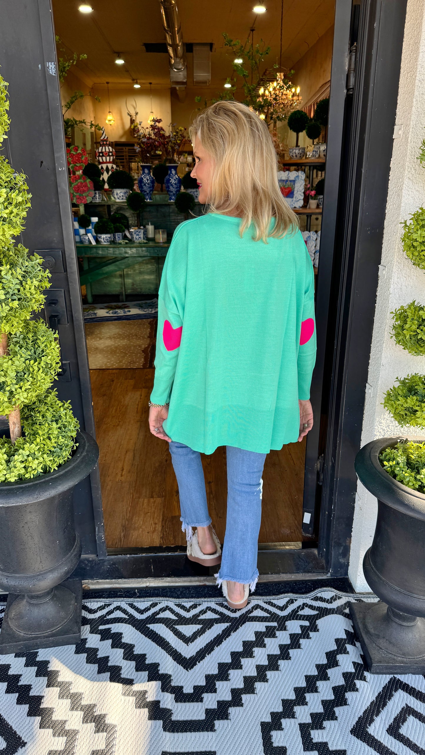 Amour Sweater with Heart Patch - Aqua/Lipstick