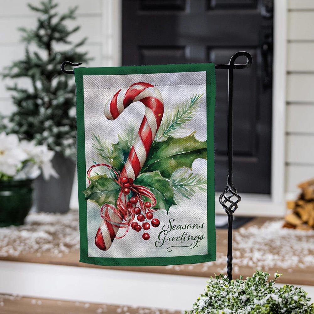 Season's Greetings Candy Cane Burlap Garden Flag