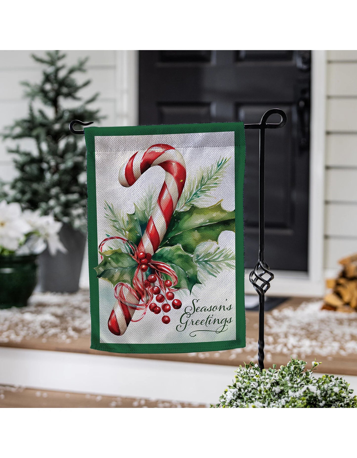 Season's Greetings Candy Cane Burlap Garden Flag