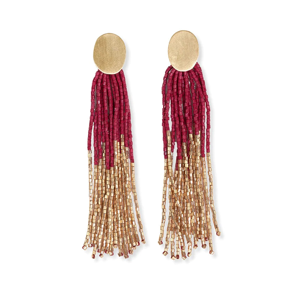 Mae Oval Brass Post 2-Color Beaded Tassel Earrings Red