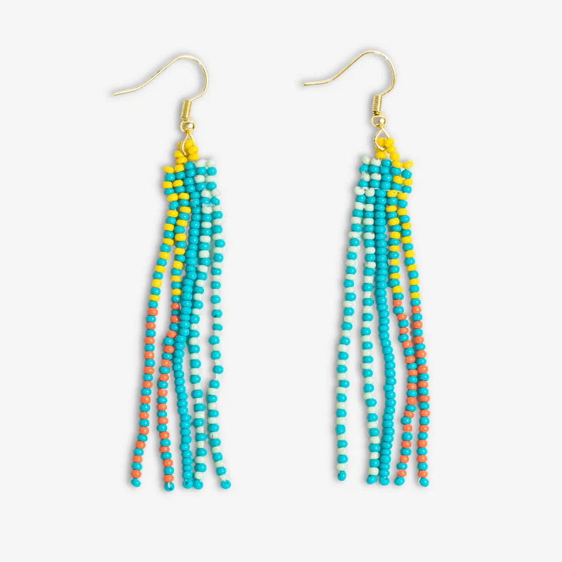 Melissa Speckled Border With Solid Middle Beaded Fringe Earrings Turquoise